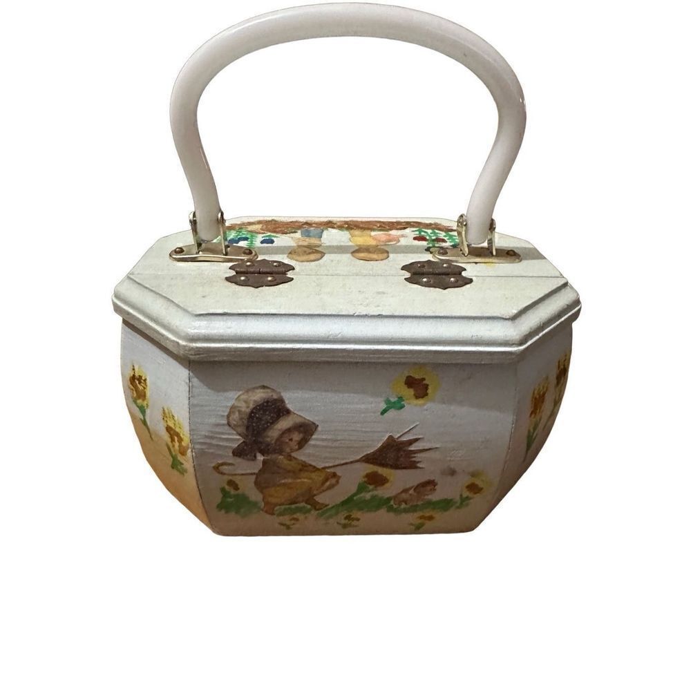 Vintage Hand painted Wood Rectangular Decoupage Handbag Purse Children Floral - Picture 8 of 16